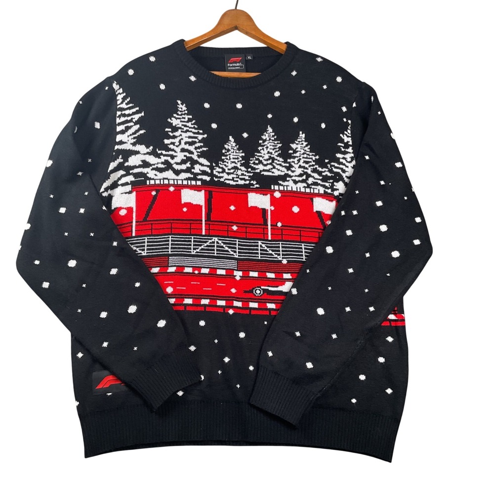 Formula 1 Sweater Mens XL Black Holiday Racing Car Winter Graphic Knit Pullover